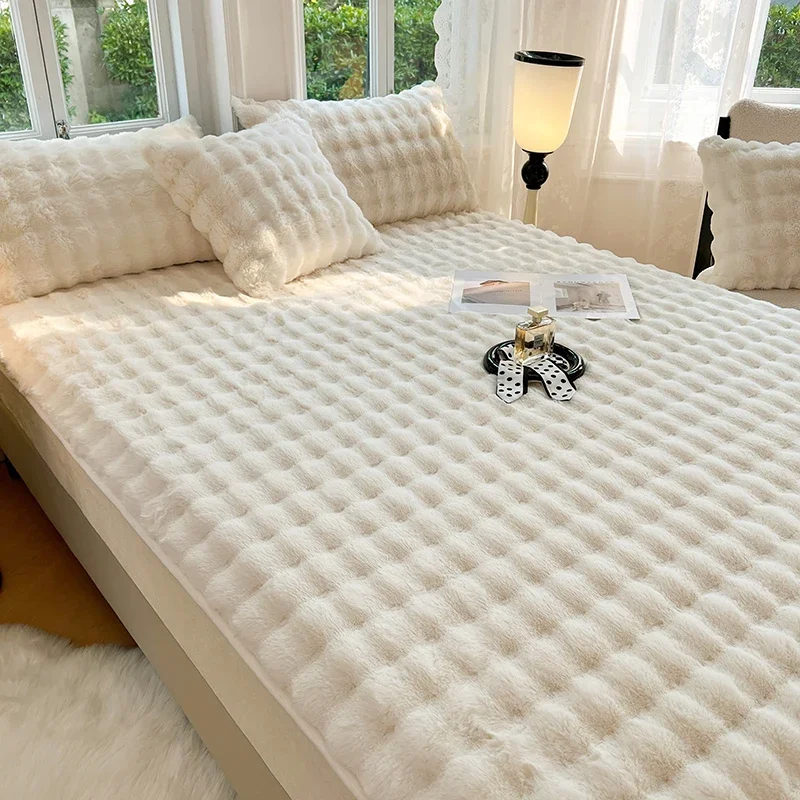 WASART Soft warm rabbit plush fitted sheet elastic mattress protector cover fluffy coral fleece 150cm winter bedsheet king size