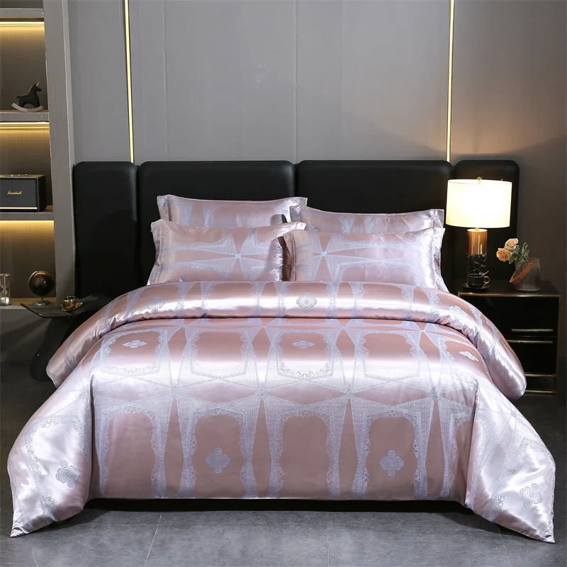 WASART Summer Satin Rayon Jacquard Duvet Cover Set 4pc Elegant Floral Luxury Bedding for Couple King Size 220x240 Cooling Fabric