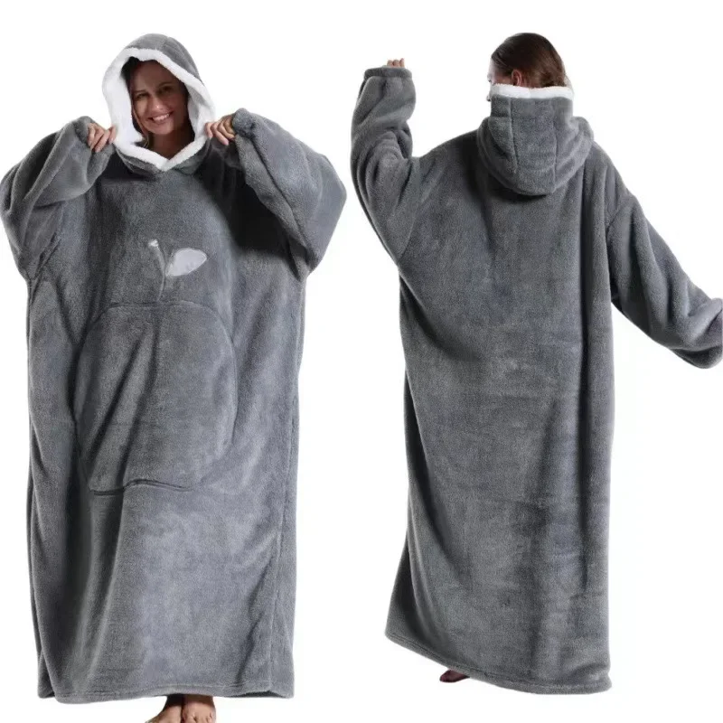 WASART Winter extra long wearable hoodies blanket adult warm pullover sweatshirt oversized fleece hooded blanket with sleeves