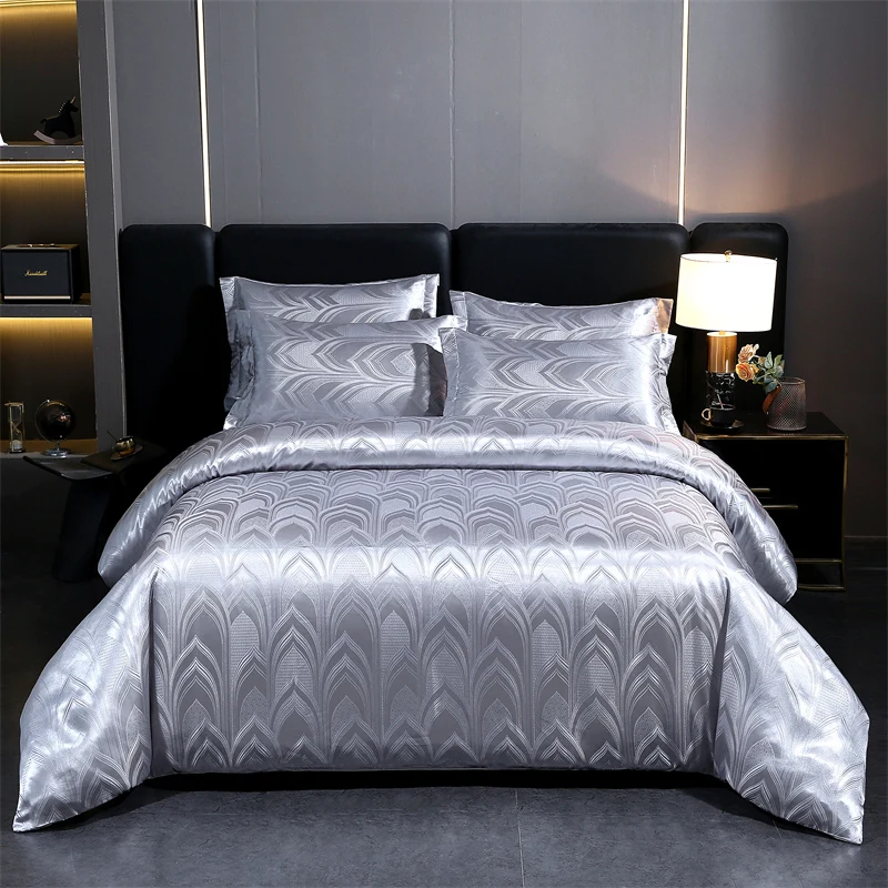 WASART Summer Satin Rayon Jacquard Duvet Cover Set 4pc Elegant Floral Luxury Bedding for Couple King Size 220x240 Cooling Fabric