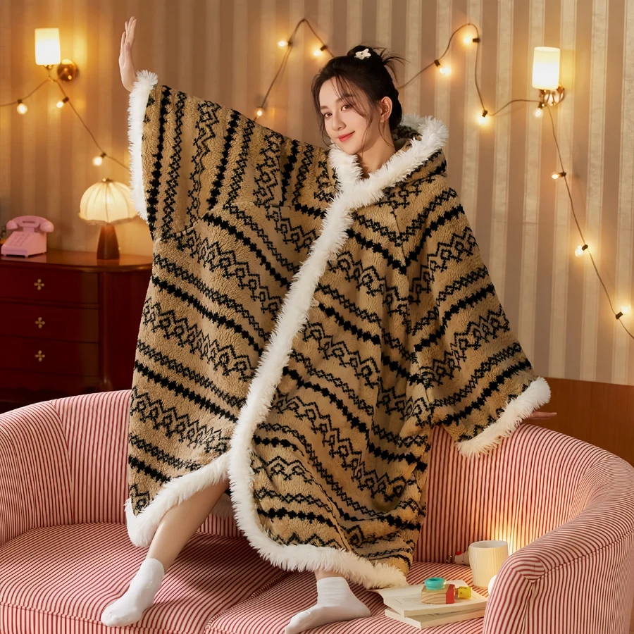 WASART Winter warm plush blanket with sleeves hooded sweater boho style wearable oversized outdoor fluffy fleece hoodie blanket