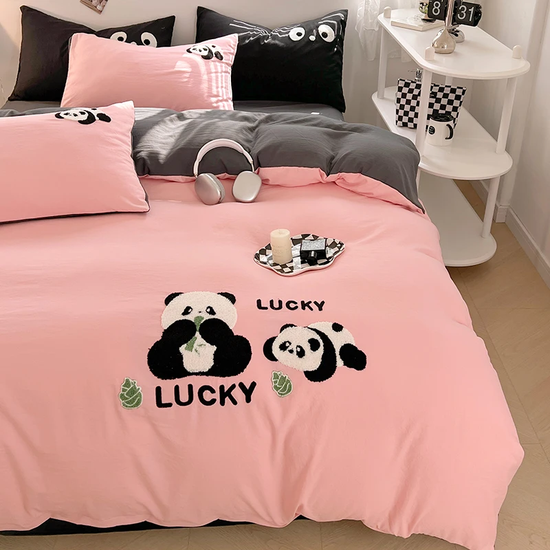 Embroidered Panda Duvet Cover Set 100% Cotton Bedding Set Flat/Fitted Sheet Quilt Cover Pillowcase Single Double Queen Size Ins