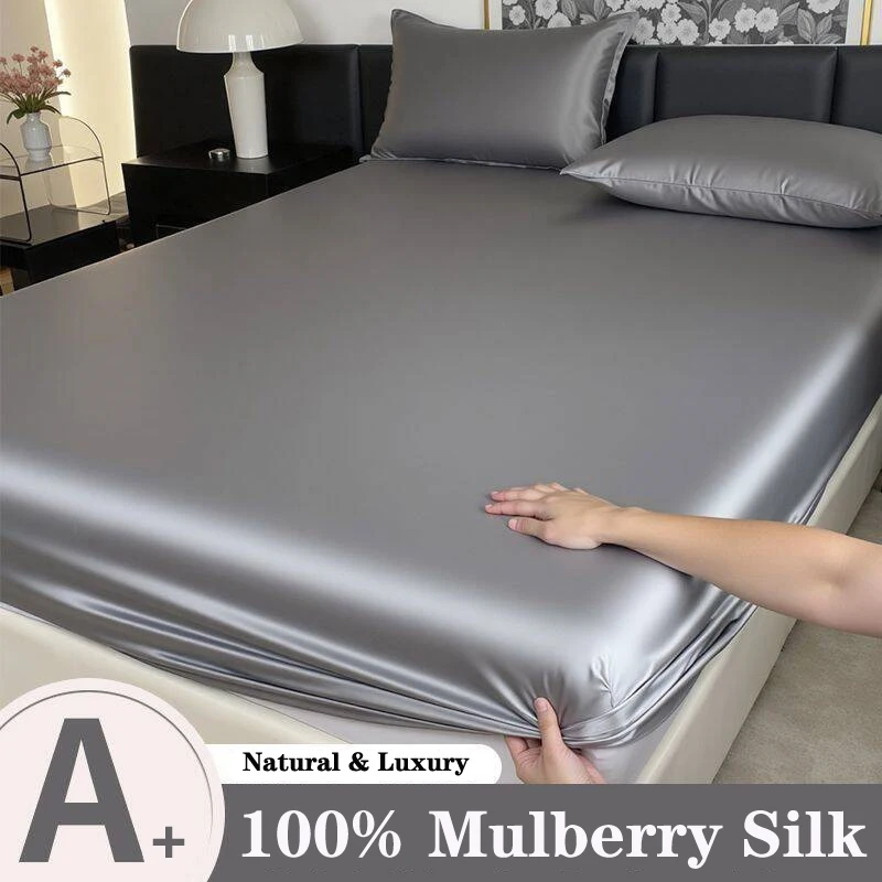 Luxury Mulberry Silk Fitted Bed Sheet with Elastic Bands High End Mattress Cover Customized Bed Cover Smooth Ultra Soft Bedding