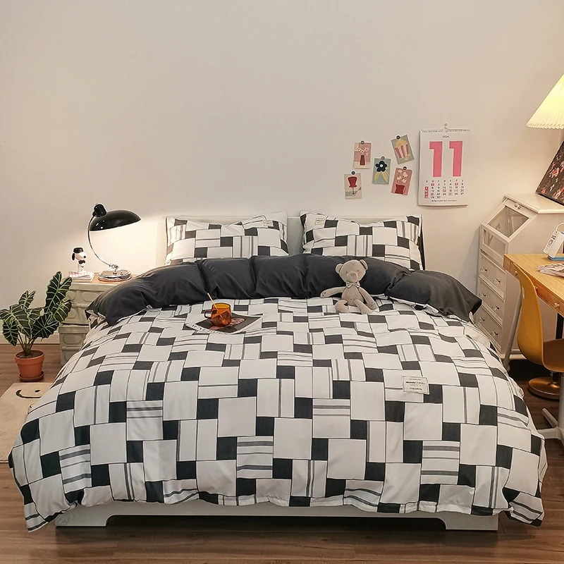 Pure Cotton Home Textile Plaid Pattern Bedding Set Simple Soft Duvet Cover Flat/Fitted Sheets Pillowcases Bed Linens Queen King