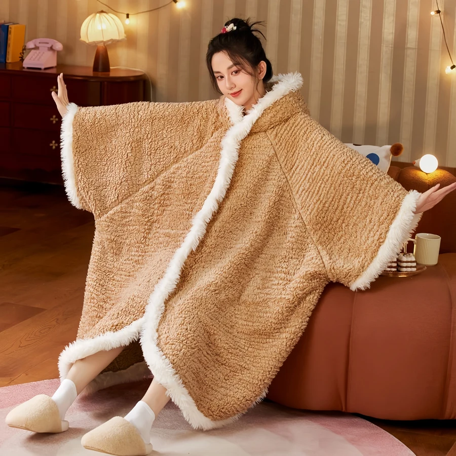 WASART Winter warm plush blanket with sleeves hooded sweater boho style wearable oversized outdoor fluffy fleece hoodie blanket