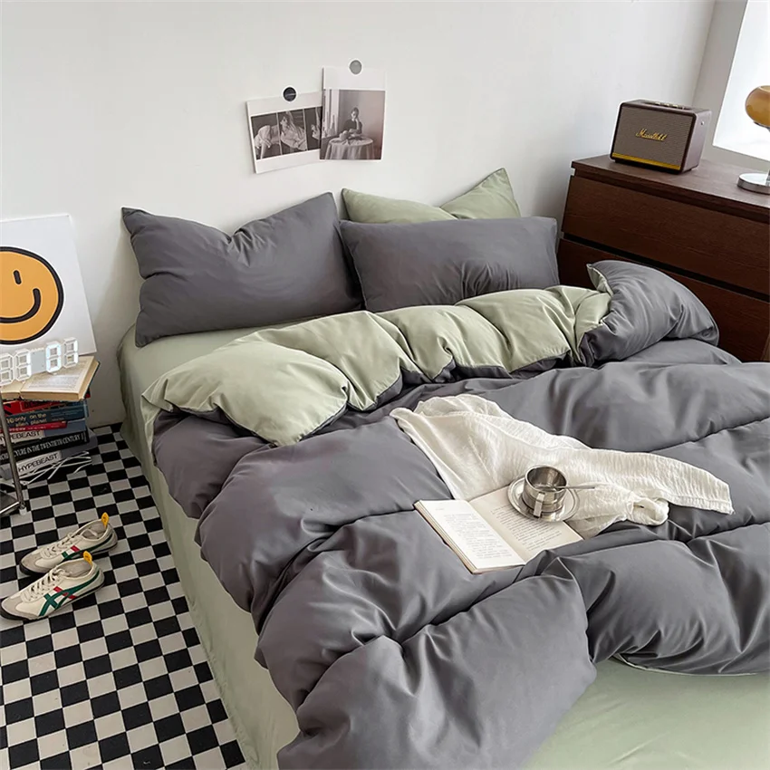 Ins Style Bedding Set Washed Cotton Duvet Cover Pillowcase Solid Color Soft Comforer Quilt Cover Bedspreads Bed Linen Flat Sheet