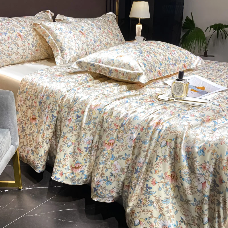 Luxury Floral Silk Bedding Set with Duvet Cover Fitted & Flat Bed Sheet Pillowcase Silky Smooth Bed Sheet Sets Twin Full Queen