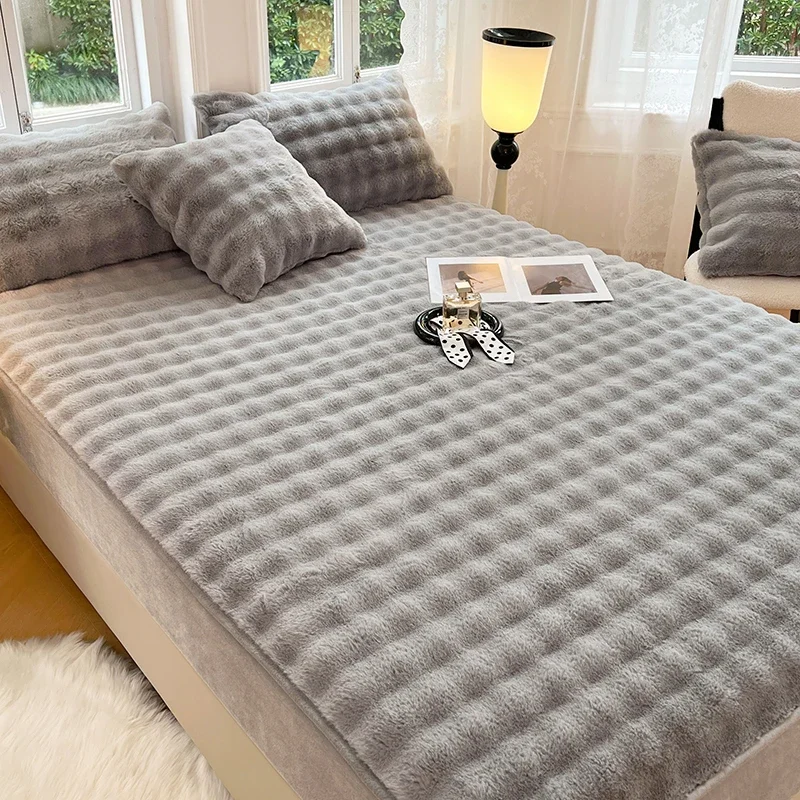 WASART Soft warm rabbit plush fitted sheet elastic mattress protector cover fluffy coral fleece 150cm winter bedsheet king size